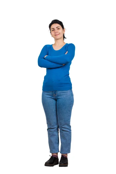 Retrato de comprimento total de casual, jovem mulher confiante posando sagacidade — Fotografia de Stock