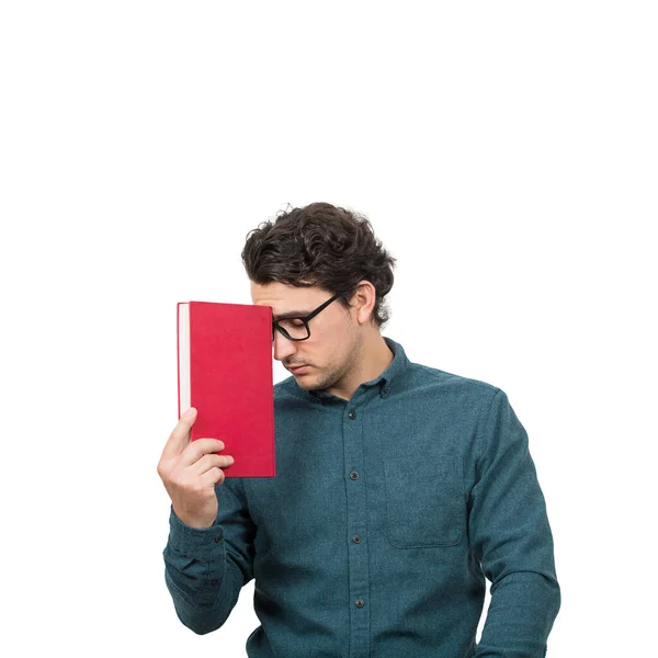 Tired Student Guy Looking Pessimistic Emotion Holding Book Isolated White — Stock Photo, Image