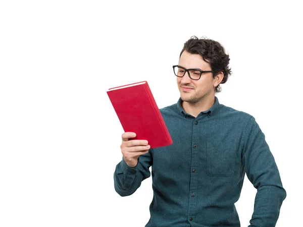 Jovem Estudante Professor Olhando Para Livro Vermelho Sua Mão Lendo — Fotografia de Stock