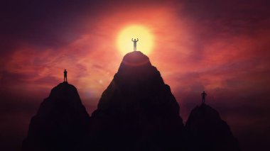 Birinci, ikinci ve üçüncü sıraların kaidesi olarak podyum konseptini kazandı. Üç yarışmacı gün batımına karşı dağın zirvesinde zaferi kutlarken zafer metaforu. Üstesinden gelmek, başarı.