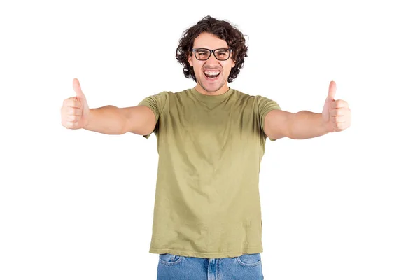 Cheerful Pleased Young Man Shows Thumbs Gesture Looking Camera Isolated — Stock Photo, Image