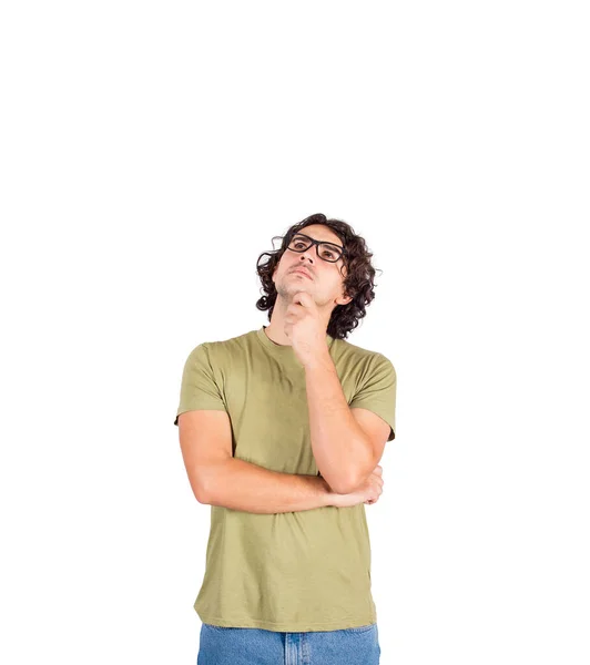 Pensive Young Man Student Professor Long Curly Hair Style Wearing — Stock Photo, Image