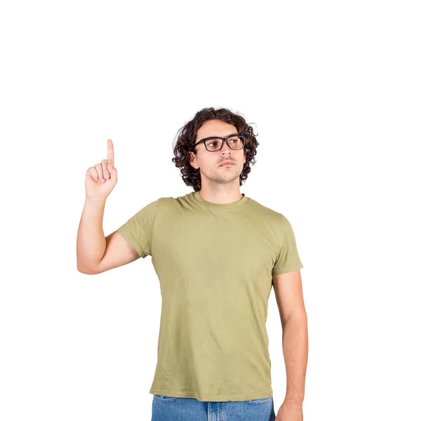 Serious Casual Man Pointing Index Finger While Looking Aside Isolated — Stock Photo, Image