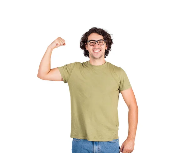 Jovem Alegre Flexionando Bíceps Mão Imagine Superpoder Nerd Usa Óculos — Fotografia de Stock