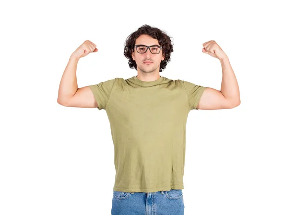 Jovem Confiante Flexionando Músculos Imagine Superpoder Cara Forte Usa Óculos — Fotografia de Stock