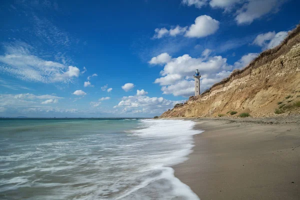 Big Waves Beach Sea Lighthouse Beautiful Blue Sky Clouds — Stock Photo, Image