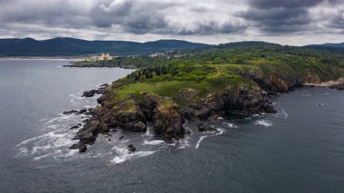 Güzel kayalık plaj ve orman havadan görünümü