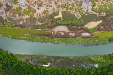 Deniz kıyısındaki bir nehrin havadan görünüşü