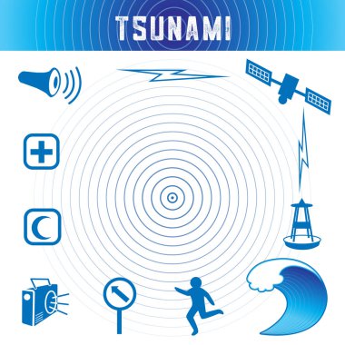 Tsunami simgeler ve okyanus mavisi simgeler: deprem merkez üssü, kaçan kişi, tahliye yol işareti, radyo, acil yardım hizmetleri, sivil savunma siren uydu ve iletim, tsunami algılama şamandıra, okyanus dalga kret. 