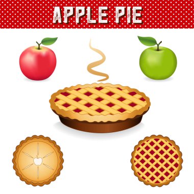 Elmalı turta, yeşil Granny Smith ve pembe elma meyve, üç görünüm, beyaz zemin üzerine kırmızı puantiyeli arka plan, izole Eps desen renk örneğini içerir.