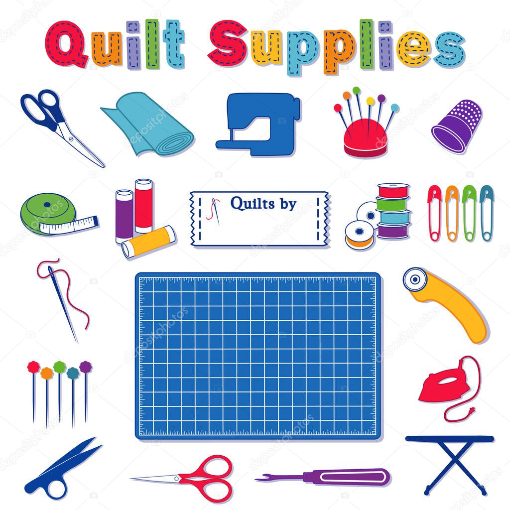 Quilt Supplies: scissors, fabric, sewing machine, pincushion, thimble, tape measure, bobbins, sewing label, safety pins, needle, thread, cutting mat, rotary cutter, thread clips, iron, ironing board, seam ripper for do it yourself sewing, patchwork.