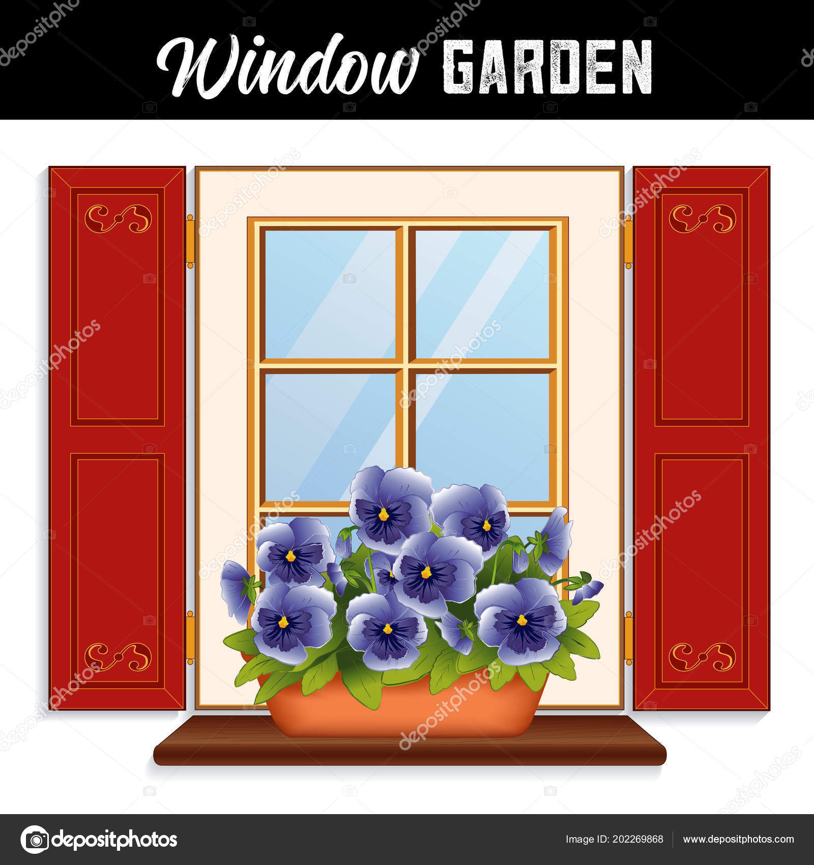 Window Flower Garden Blue Sky Pansies Clay Planter Wooden Shelf Window Flower Garden Blue Sky Pansies Clay Planter Wooden Shelf Stock Vector