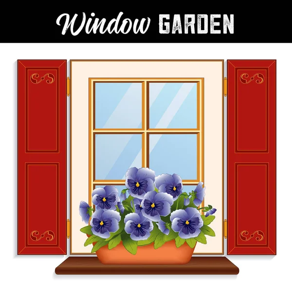 Jardín Flores Ventana Con Pantaletas Cielo Azul Maceta Arcilla Estante — Vector de stock