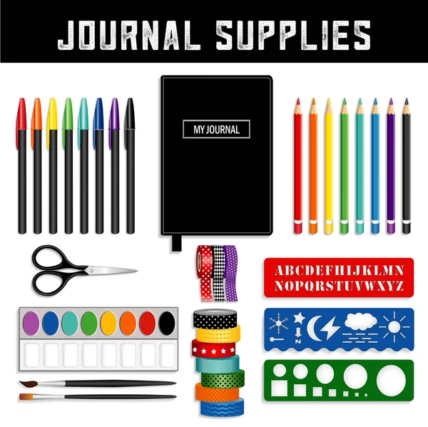 Material Jornal Fitas Washi Canetas Revestimento Fino Aquarelas Escovas Tesouras —  Vetores de Stock