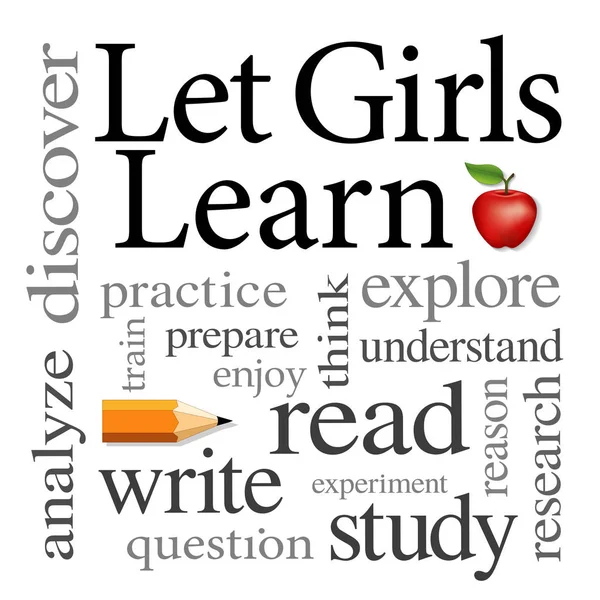 Нехай Дівчата Вивчають Слово Хмара Читають Пишуть Навчаються Червоне Яблуко — стоковий вектор