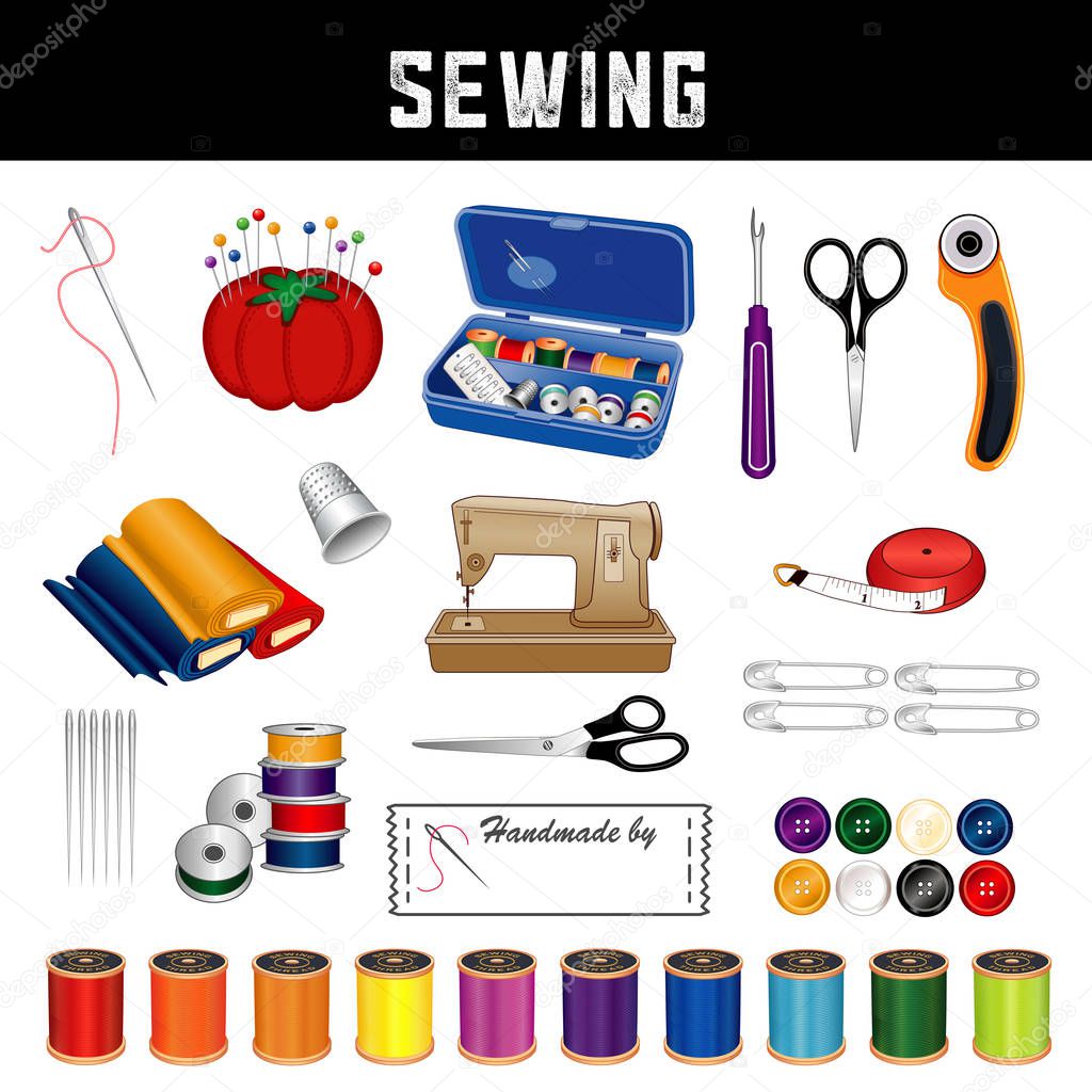 Sewing supplies and tools for do it yourself sewing, tailoring, dressmaking, needlework, darning, arts and crafts.