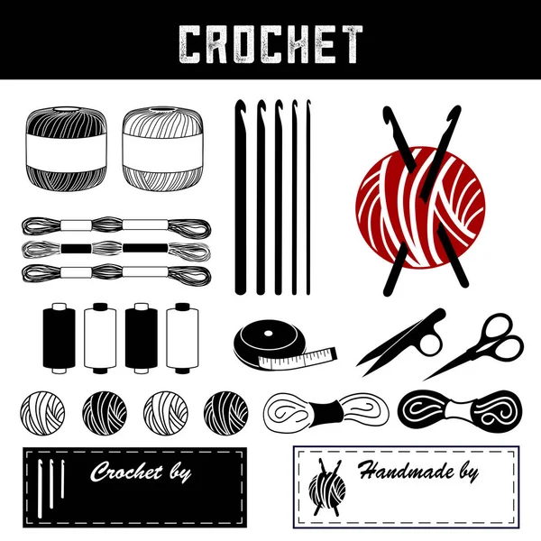 Crochet, DIY tools and supplies for crochet, tatting, and making lace: crochet hooks, crochet floss and thread, yarn, tape measure, bobbins, thread clips, embroidery scissors and sewing labels with copy space to personalize with your name.