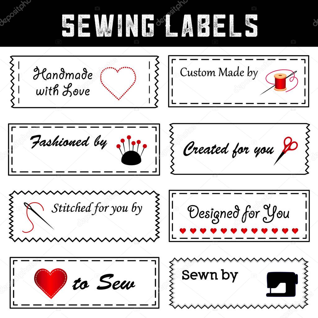 Sewing Labels for do it yourself sewing, tailoring, fashion, couture, dressmaking, crafts. Scissors, sewing machine, needle, thread, pincushion, hearts, copy space to personalize name, Handmade with Love. 