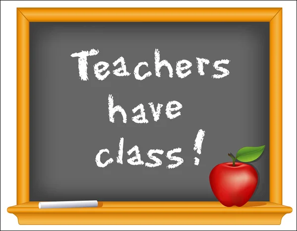 先生は授業を持っています 重要なメッセージを持つ木枠の黒板 教師のための赤いリンゴ — ストックベクタ