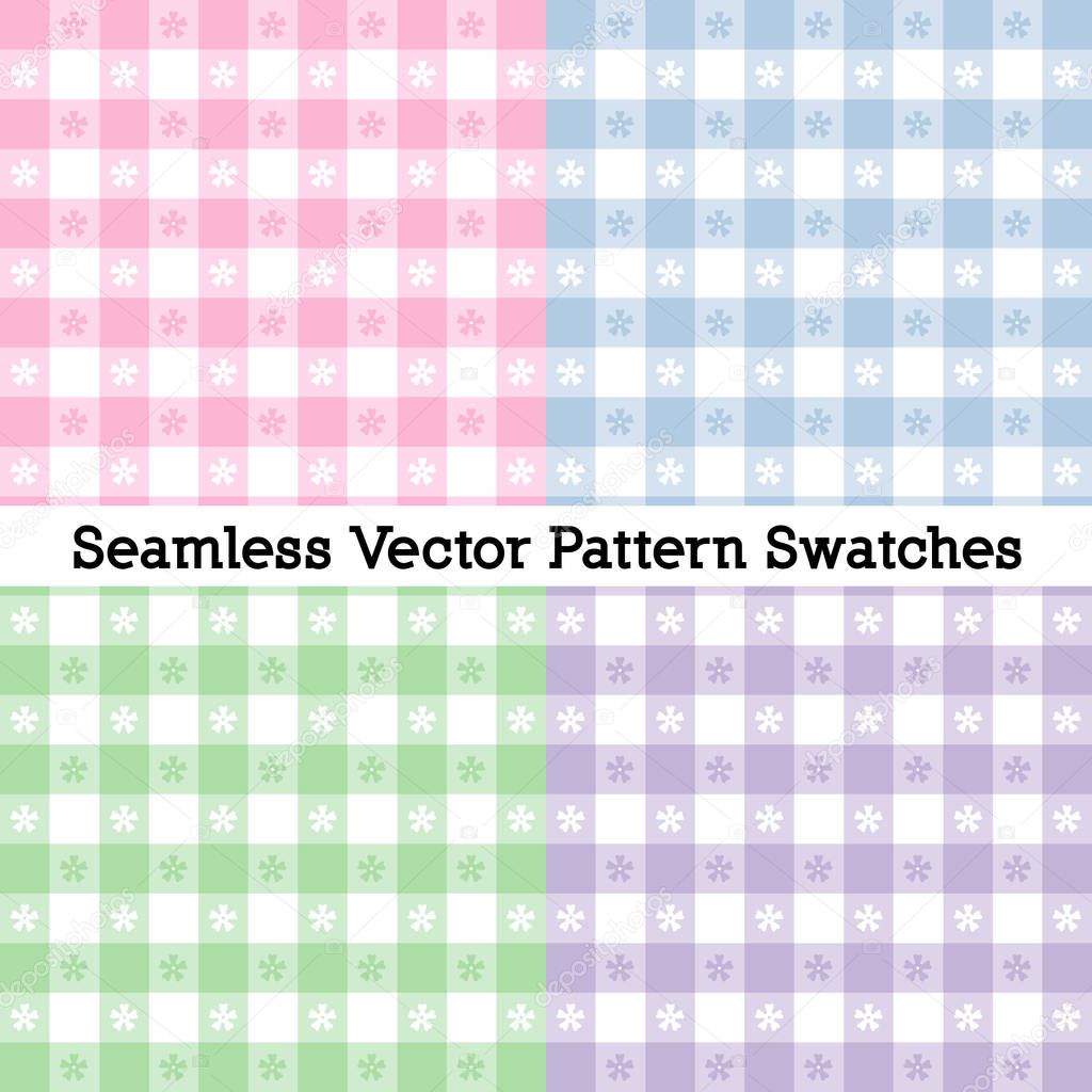 Gingham Seamless Check Patterns, Vector file includes four pattern swatches that seamlessly fill any shape, four pastel colors: pink, powder blue, misty green. lavender. For arts, crafts, fabrics, picnics, home decor.