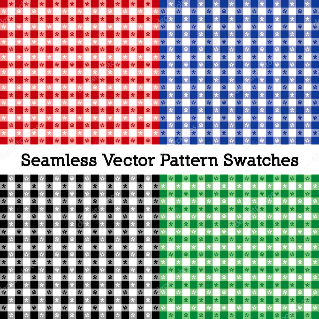 Gingham Seamless Tablecloth Check Patterns, vector file includes four pattern swatches that seamlessly fill any shape, popular colors: red, blue, black and white, green, for caf, bistro, restaurant, picnics, home decor.