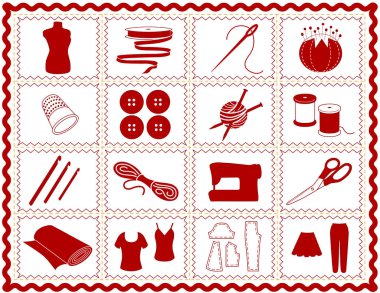 Dikiş, terzilik, örgü, tığ, dressmaking, iğne, kapitone, tekstil sanatları, el sanatları, kendiniz proje simgeleri, araç ve malzemeleri, kırmızı rick raf çerçeve yapmak.