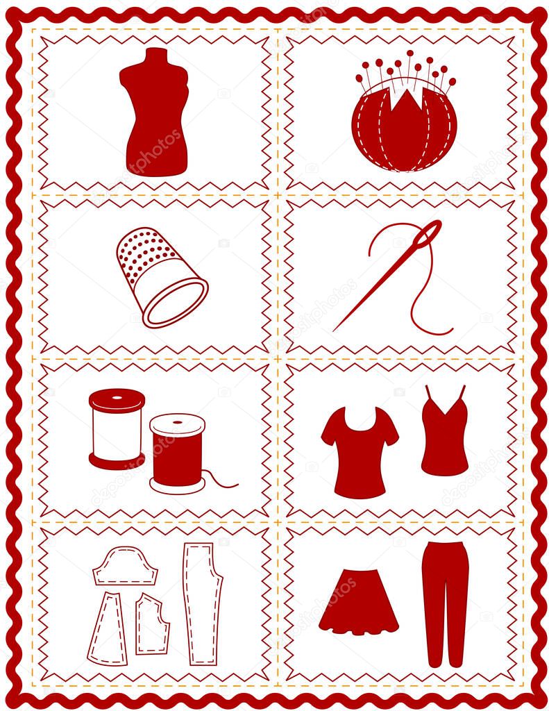 Sewing, tailoring, dressmaking, fashion, do it yourself project icons, red rick rack frame.  