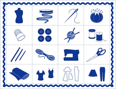 Dikiş, Terzilik, Örgü, Tığ İşi Simgeler, mavi rickrack çerçeve, dikiş, terzilik, terzilik, iğne, kapitone, darning, tekstil sanatları, zanaat, kendiniz projeler yapmak için araç ve sarf malzemeleri simgeler.