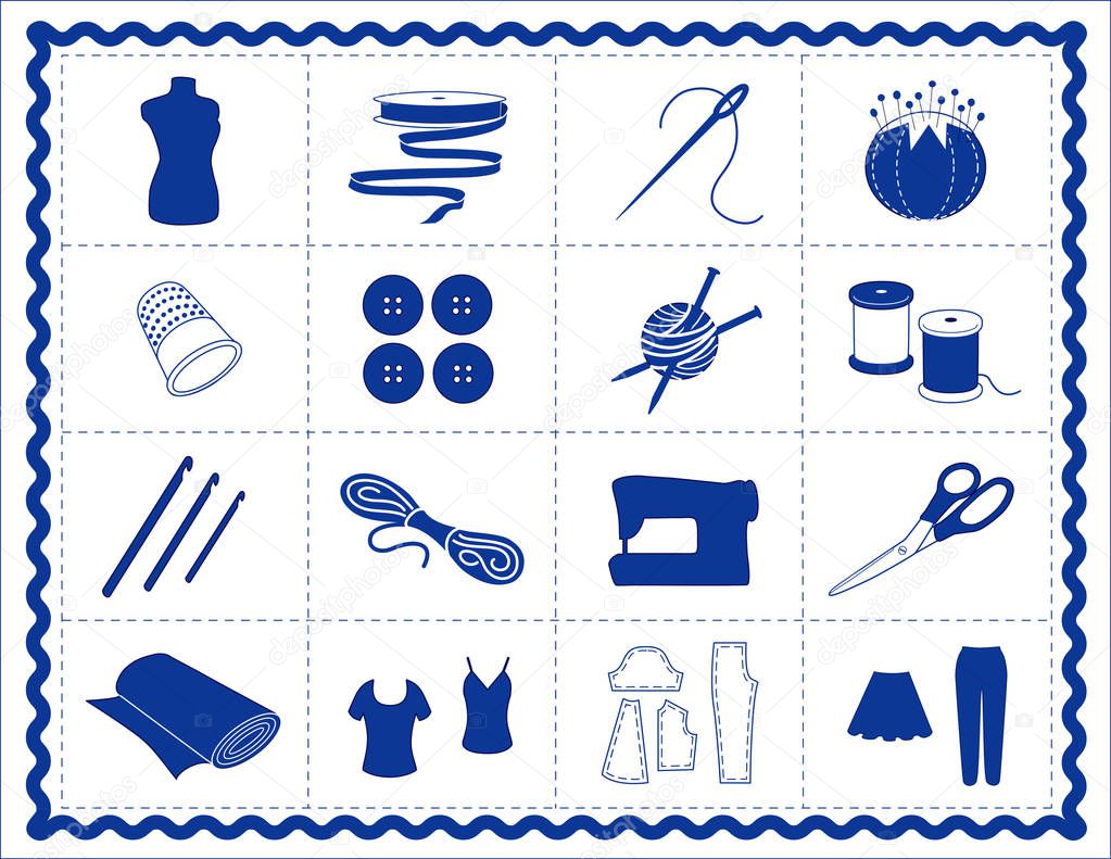 Sewing, Tailoring, Knit, Crochet Icons, blue rickrack frame, tools and supplies icons for sewing, tailoring, dressmaking, needlework, quilting, darning, textile arts, craft, do it yourself projects.