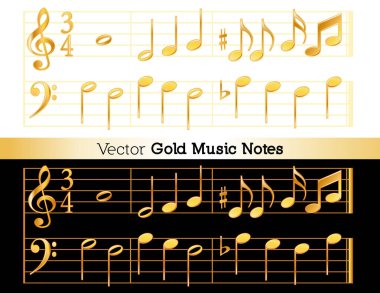 Müzik notaları, siyah ve beyaz arka planda izole edilmiş ayrıntılı gölgeleme içeren altın müzik notaları. 