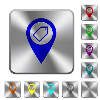 GPS tagging harita konumu üzerinde yuvarlak kare parlak çelik düğmeler simgeler kazınmış