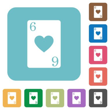 Altı simgelerin kalpler kartı beyaz düz renk üzerinde yuvarlak kare arka planlar