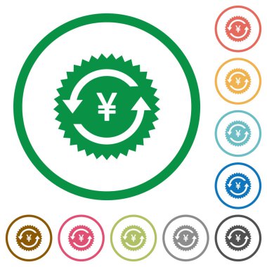 Yen beyaz arka plan üzerinde yuvarlak özetliyor garanti etiketi düz renk simgeleri geri ödeme