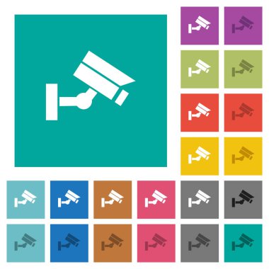 Güvenlik kamera çok düz simgeler düz kare arka plan üzerinde renkli. Beyaz ve koyu kutsal kişilerin resmi varyasyon hover veya etkin efektleri dahil.