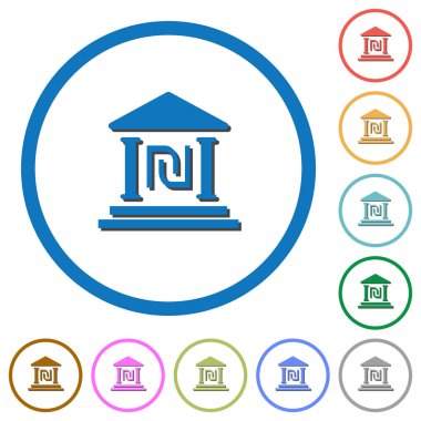 İsrail Yeni Şekeli banka office düz renk vektör gölgelerde ile özetliyor beyaz arka plan üzerinde yuvarlak simgeler