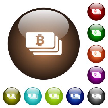 Bitcoin banknotlar beyaz simgeler yuvarlak renkli cam düğmeleri