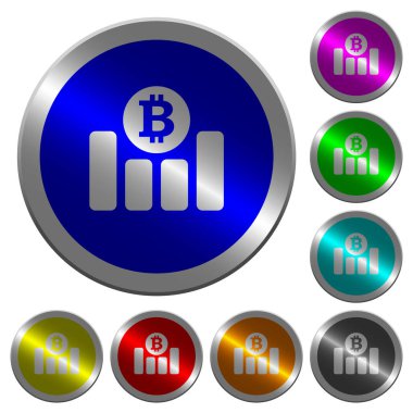 Yuvarlak Bitcoin mali grafik simgeler üzerinde parlak sikke benzeri renk çelik düğmeleri