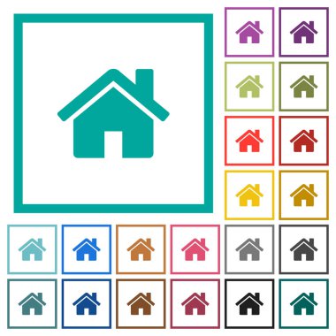 Dörtgen Bölümlü kare beyaz arka plan üzerinde simgelerle ev düz renk