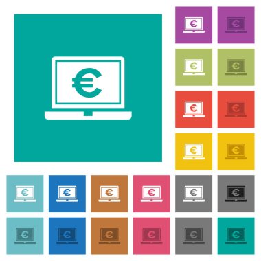 Laptop ile Euro işareti çok düz simgeler düz kare arka plan üzerinde renkli. Beyaz ve koyu kutsal kişilerin resmi varyasyon hover veya etkin efektleri dahil.