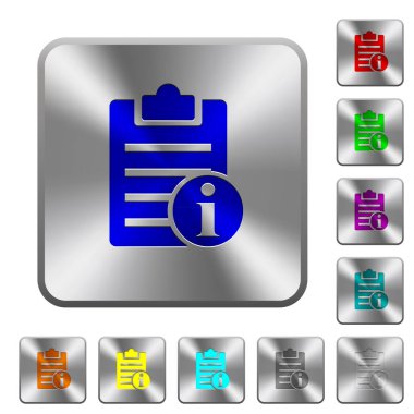 Not bilgi simgeleri Yuvarlatılmış kare parlak çelik düğmeler üzerinde kazınmış.