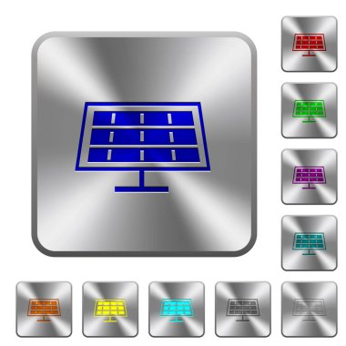 Güneş paneli simgeleri Yuvarlatılmış kare parlak çelik düğmeler üzerinde kazınmış.