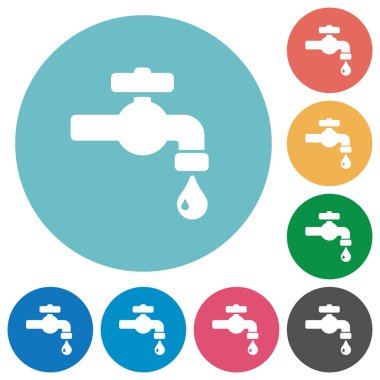 Su musluk su damla düz beyaz simgeleri yuvarlak renkli arka planlar ile