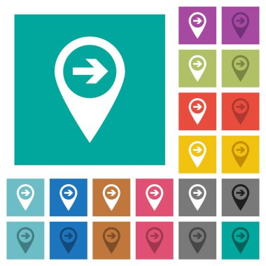 Sonraki düz simgeler düz kare arka plan üzerinde renkli Gps harita konumu çok hedef. Beyaz ve koyu kutsal kişilerin resmi varyasyon hover veya etkin efektleri dahil.
