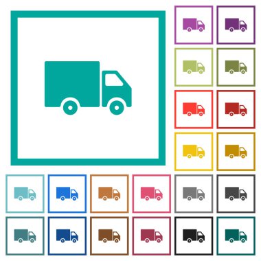 Teslimat kamyonu düz renk kutsal kişilerin resmi ile çeyreği kare beyaz arka plan üzerinde