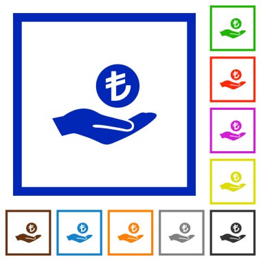 Türk Lirası kazanç kare kare beyaz arka plan üzerinde renkli simgeler düz