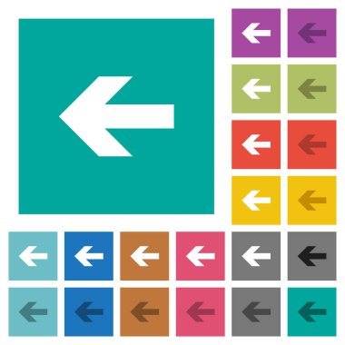 Sol ok çok düz simgeler düz kare arka plan üzerinde renkli. Beyaz ve koyu kutsal kişilerin resmi varyasyon hover veya etkin efektleri dahil.