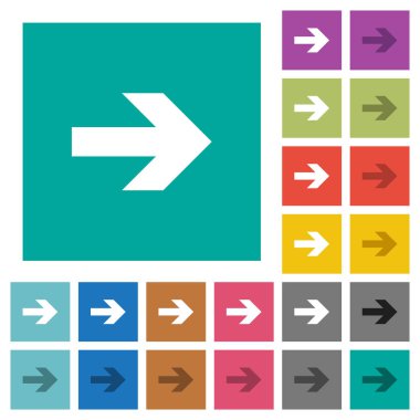 Sağ ok çok düz simgeler düz kare arka plan üzerinde renkli. Beyaz ve koyu kutsal kişilerin resmi varyasyon hover veya etkin efektleri dahil.