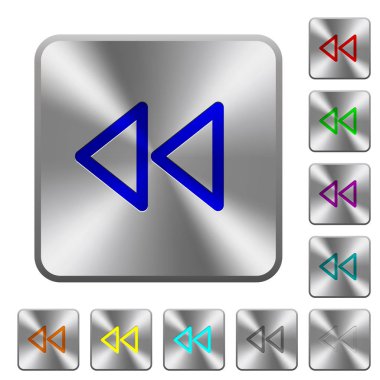 Medya hızlı geri simgeler Yuvarlatılmış kare parlak çelik düğmeler üzerinde kazınmış.