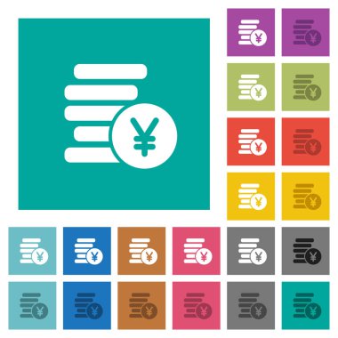 Yen çok düz simgeler düz kare arka plan üzerinde renkli sikke. Beyaz ve koyu kutsal kişilerin resmi varyasyon hover veya etkin efektleri dahil.
