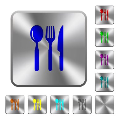 Restoran simgeler Yuvarlatılmış kare parlak çelik düğmeler üzerinde kazınmış.